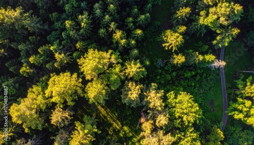 Aerial View of Lush Green Forest with Contrasting Colors Illuminated by Sunlight in Tropical Foliage
