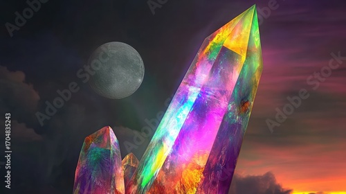 Radiant crystal formation against a moonlit sky