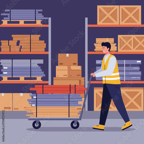 Logistics and supply chain management concept with a male worker in a safety vest transporting materials on a trolley through a warehouse