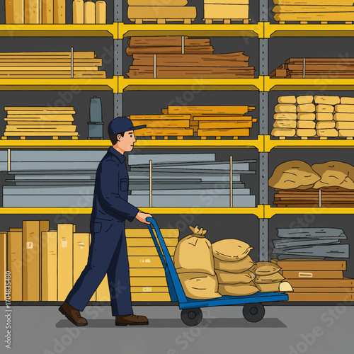 Vector illustration of a male worker managing inventory in a building supply warehouse, pushing a hand truck with goods