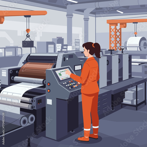 Female factory worker in uniform operating a large industrial printing press with a modern digital control panel