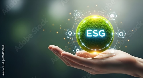 Sustainable business growth concept with hand holding green earth and ESG icons
