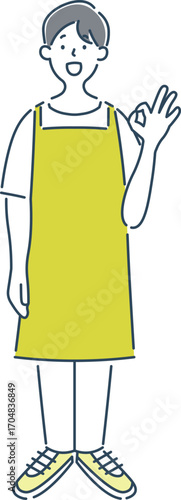 オッケーサインをしている笑顔の男性保育士のシンプルな線画イラスト素材