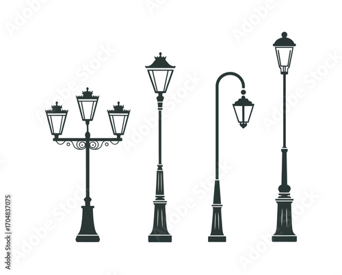 A collection of classic black silhouette street lamps, an ornate vector illustration set of four different lampposts isolated on a white background