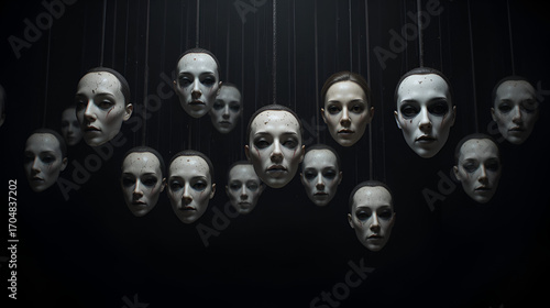 Suspended Masks Floating in Darkness, Representing Identity, Deception, Mystery, Emotions, Human Face, Faceless Figures, Concept of Concealment, Shadows, and the Symbolic Nature of Masks.