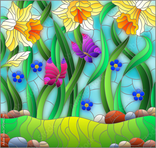 Stained glass illustration with bright narcissists,Forget-me-nots and butterflies on a meadow and sky background