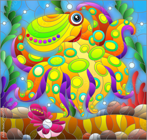 An illustration in the style of a stained glass window with a cute octopus on a background of algae and water