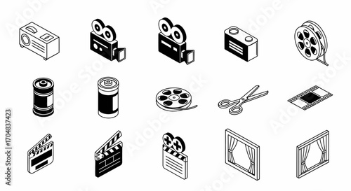 A set of isometric line art icons representing vintage filmmaking and cinema production equipment