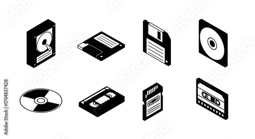 A set of eight black and white retro data storage media icons in a bold isometric glyph style