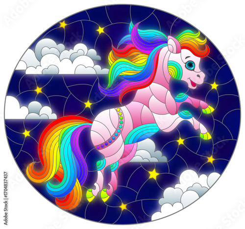 An illustration in the style of a stained glass window with a cute horse on the background of a night sky with stars and clouds
