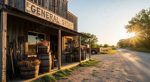 Old General Store in the Countryside at Sunset.