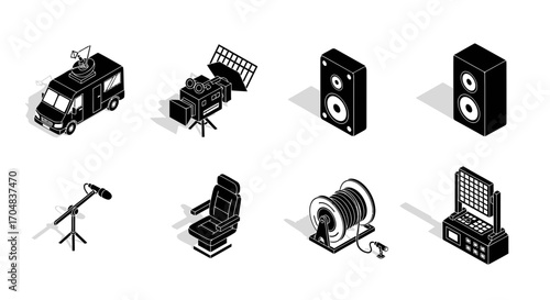 Set of Isometric Media Icons Broadcast Van, Camera, Speaker, Microphone, Seat, Cable Reel, & More