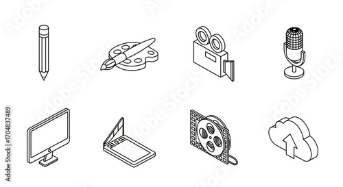 Set of eight creative media and technology outline icons in an isometric line art style