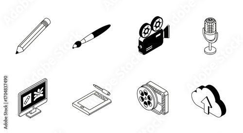 A set of eight isometric outline icons representing various digital media creation tools