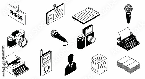 A collection of monochrome isometric icons representing journalism, news reporting, and media