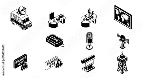 Isometric news broadcasting and media icons set in a minimal black and white outline style