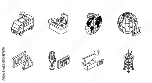 Set of eight monochromatic news and broadcast icons news van, desk, world, mic, etc