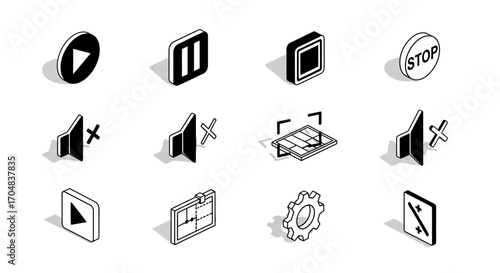 Set of isometric media player control icons including play, pause, stop, mute, and settings