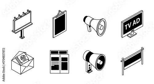 Set of isometric line art symbols for digital and traditional marketing campaigns and communication