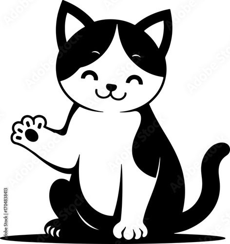 Cat sits and waves its paw in a welcoming. Engraving minimalistic vector in black ink drawing on transparent background