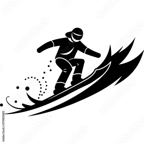 Snowboarder doing a trick at a snowboarding competition. Engraving minimalistic vector in black ink drawing on transparent background