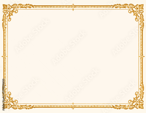 Luxurious gold vintage border with ornate scroll details on an isolated cream background, an elegant template for diplomas and official announcements