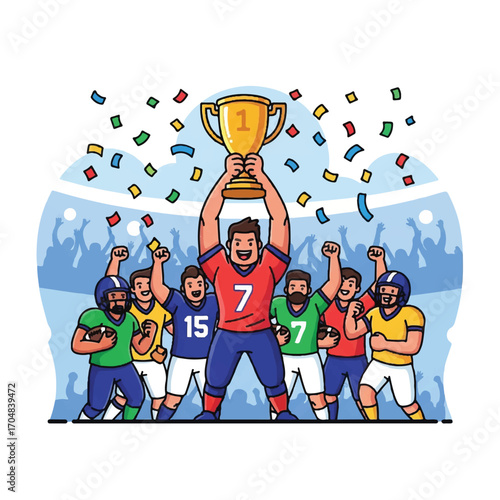 Illustration of a triumphant American football player holding a trophy aloft with teammates celebrating around him on a gameday, confetti flying everywhere in a vibrant scene.