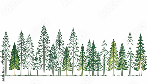 Watercolor Forest Landscape with Evergreen Trees.