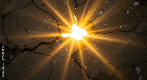A cracked wall with glowing sunlight breaking through, symbol of hope.