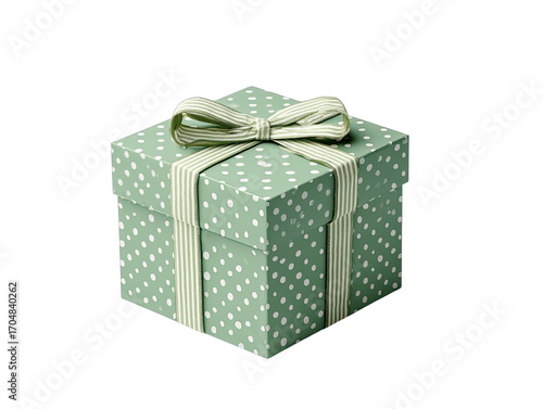 A light sage green gift box with white polka dots, tied with a pale green ribbon