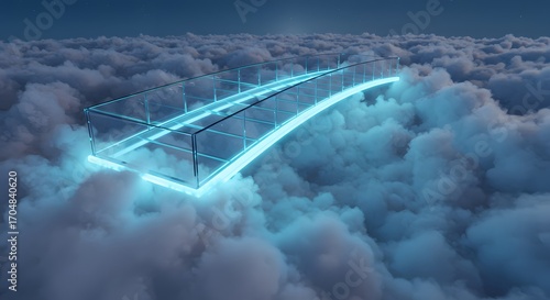 A glowing bridge made of glass leading into clouds, symbol of possibilities.
