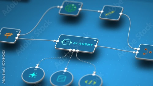 Closeup AI agent workflow with code input and automation process for machine learning system interface, looped animation