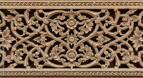 Stone carving featuring floral motifs and swirling patterns within a bordered panel
