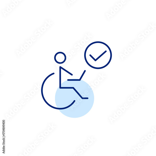 Wheelchair laptop user and checkmark, accessibility and approved for disabled people. Pixel perfect, editable stroke vector icon