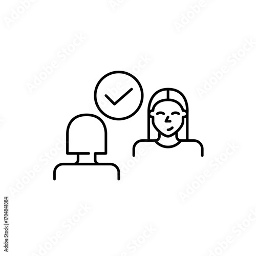 Two women and checkmark. Collaboration confirmed, trusted agreement. Secure discussion, interview or dating match. Pixel perfect, editable stroke vector icon