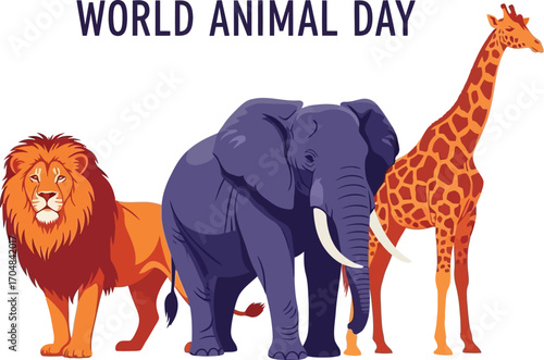 World animal day with lion, elephant and giraffe celebration of wildlife and nature conservation