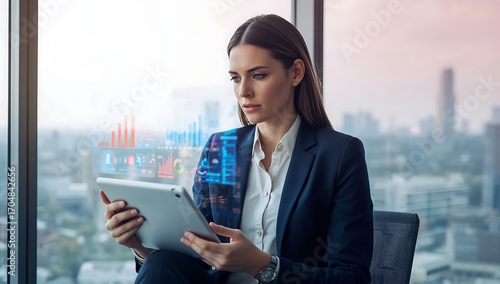 Determined professional businesswoman analyzing futuristic holographic data charts on a tablet