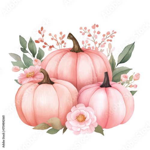 Watercolor illustration of pink pumpkins and flowers 