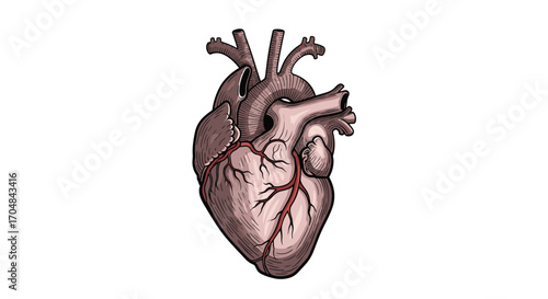 A realistic anatomical illustration of a human heart showing its intricate details and muscular structure.