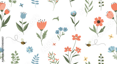 A charming vintage botanical illustration featuring delicate wildflowers and playful bees in a lighthearted scattered pattern.