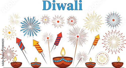Illustration of the Diwali festival with diya and fireworks for celebration and decoration