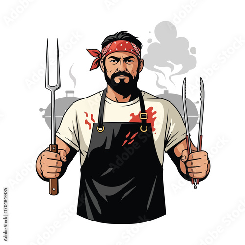 A bearded man, wearing an apron and bandana, holding grilling tools, ready to cook.