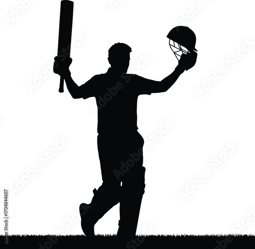 Silhouette of a triumphant cricket player holding a bat and helmet aloft in celebration
