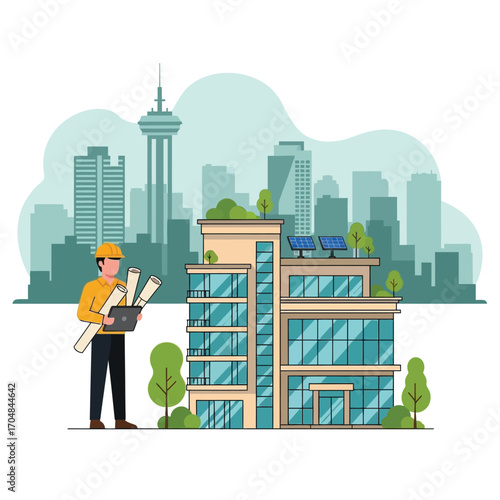 Architect holding blueprints and a tablet, standing in front of a modern building with solar panels and a city skyline.