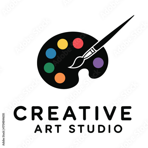Creative art studio logo with paint palette and brush symbolizing creativity and artistry