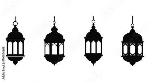 Four silhouetted islamic lanterns hanging against a white background
