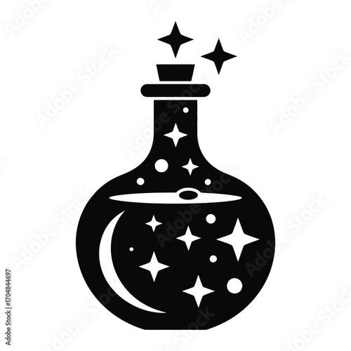Magical potion bottle filled with stars moon and cosmic elements in black and white