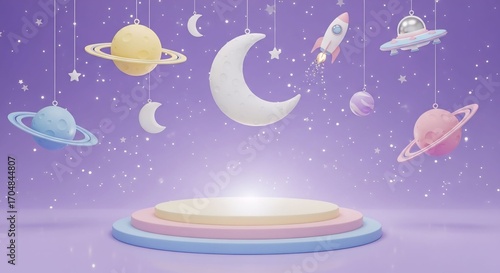 3d kid background. Galaxy space podium, rocket planet and toy spaceship as star children products promo presentation, birthday room. Cute cartoon childish banner backdrop. Vector showcase