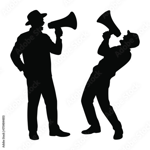 Two silhouetted men wearing hats shouting through megaphones announcing news