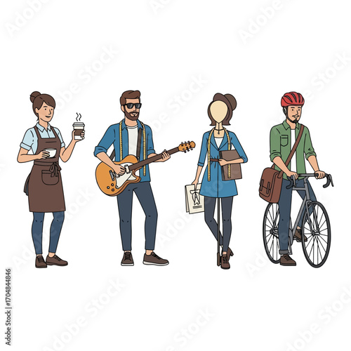 Four diverse people engaged in various activities, including coffee service, music, study, and cycling.